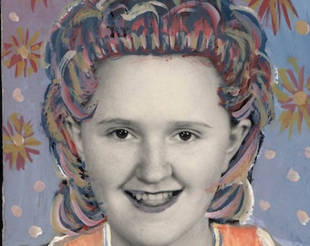vintage photo original Goauche Mixed Media Altered Photo Young Lady Wild Wig Cosmic Sky