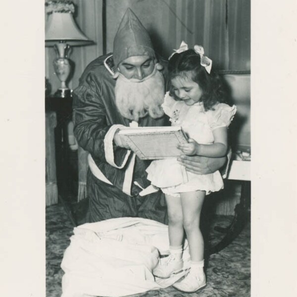 vintage photo 1950 Little Girl Reads Book Santa Claus Christmas 66 C