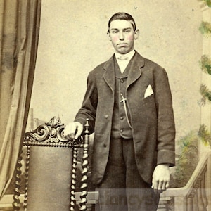 Vintage photo 1865 CDV Tall Young Man Stands by Carved Chair Hand Colored Tinted 55 Y