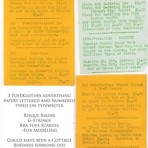 May include: Vintage advertising papers for PoseKlothes, typed on a typewriter, featuring risque bikinis, G-strings, bra tops, and scarves. The papers describe various lingerie items, including bikinis, sarongs, and scarves, with prices listed.