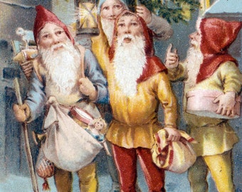 vintage Paper Christmas Holiday Gnome Elf Christmas Tree German Litho Victorian