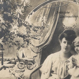 ヴィンテージ写真 1906 クリスマスツリー 母娘 郵便カード RPPC