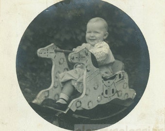 vintage photo 1917 Baby Boy Charles Armstrong Rides in Double Wooden Rocking Horse Toy 8 B