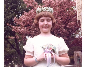 Vintage Snapshot 1978 Young Girl Anne May Day Flower Crown & Bouquet 11 U
