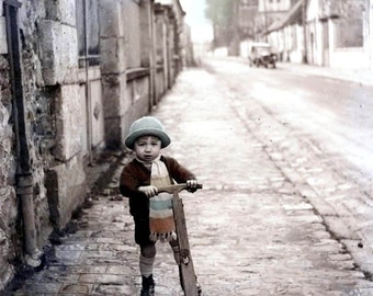 French Boy on Scooter Tinted Vintage Greeting Card