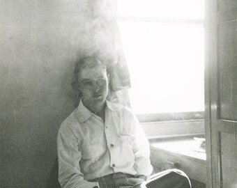 vintage photo 1938 Blue Eye Handsome Young Man Sits in HAze of SMoke at Window gay int 57 D