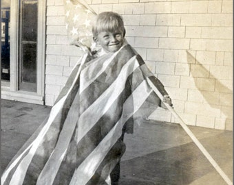 vintage photo Boy Wrapped in American Flag greeting card