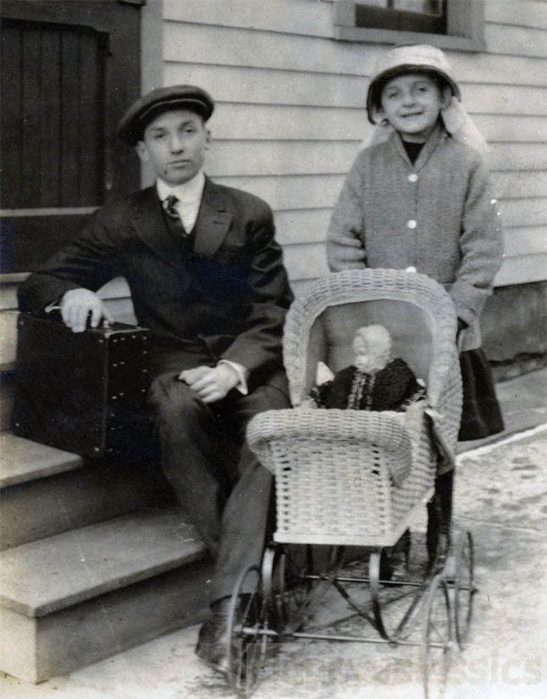 Vintage Photo 1923 Big Brother Leaves Home Suitcase Sister Pushing Doll ...