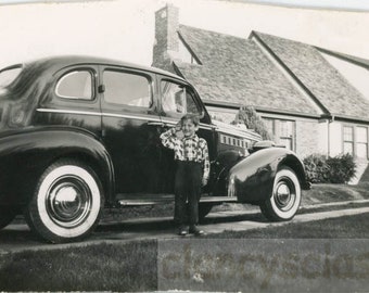 vintage photo 1944 Little Boy Salutes Standing by Car 60 F