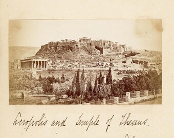Fotografía antigua de 1889: Acrópolis y Templo de Teseo, Atenas, Grecia. Albúmina.