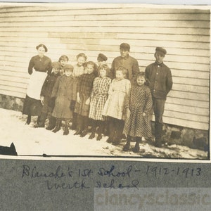 vintage snapshot 1912 Blanche Teacher Students Outside School in Snow 20 E