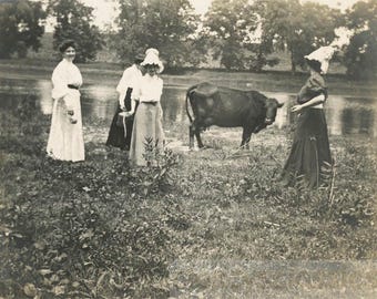 vintage foto 1909 Melkmeisjes in weiland bij rivier met Cow57 P