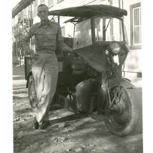 vintage photo 1944 Soldier By Military Three Wheel Motorcycle 55S