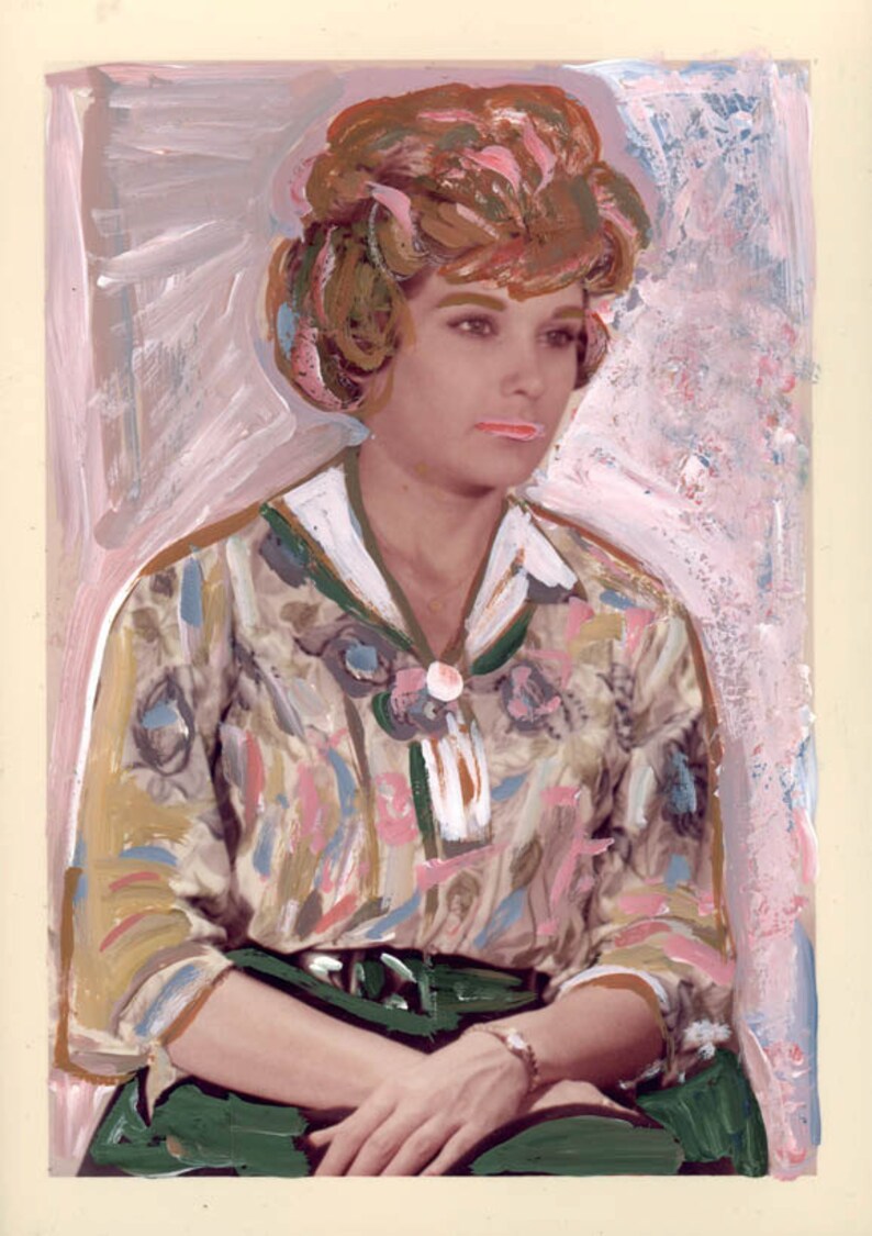vintage photo original Goauche Mixed Media Altered Color Photo Pink Hair Young Lady image 2