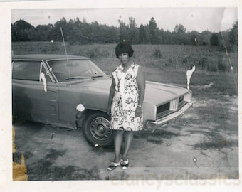 Vintage Snapshot 1970s Polaroid African American Woman by GTO Car 7Q