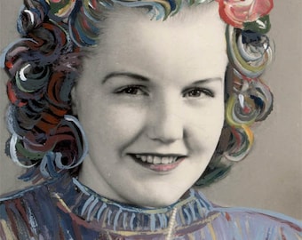 vintage photo original Gouache Mixed Media Altered Color Photo Rose Marie