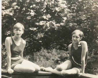 vintage photo 1930 Young Women In Wool Swimsuits Short Pixie Haircut at Pool 49 C