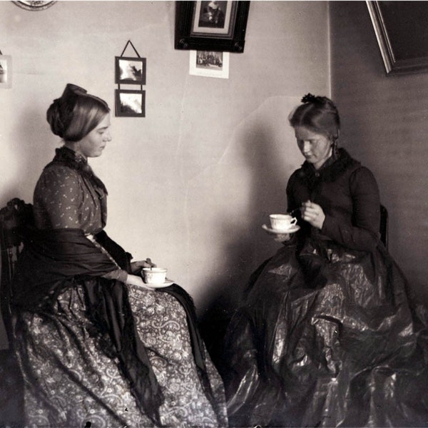 Victorian Women Drink Tea for Two Vintage Photograph Print