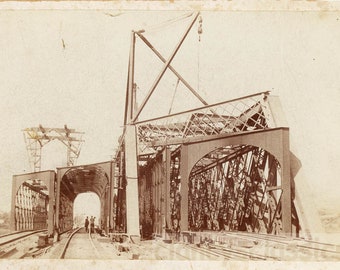 vintage photo 1895 Men Building Railroad Bridge Trestle Construction 4 tracks Cabinet