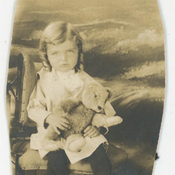 Vintage photo 1910 Little Boy holds Steiff Teddy Bear Arcade Waves 53 F