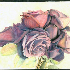 photo Vintage art original de Roses pourpres main couleur photo 1978