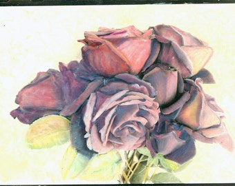 vintage photo  Purple Roses original art Hand colored photograph 1978