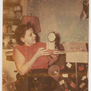 vintage photo 1965 Look What She Got for Christmas Beautiful Clock Distressed Color Kodachrome 49 P