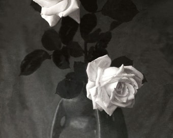 Vintage photo Print White Roses in Ceramic Vase