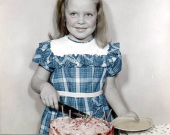 HAppy Birthday Card Girl cuts the Cake tinted vintage photo card