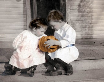 Children Look Into Pumpkin Jack o Lantern Halloween Greeting Card