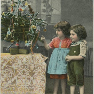 Vintage 1915 Children Admire the Christmas Tree Hand Colored photo postcard 63 V