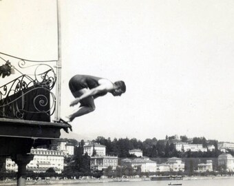 vintage photo 1930 Young Man Diving off Hotel Eden Veranda into Lake Lugano Switzerland 43 F