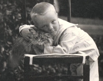 Little Boy David Loves his Pet Fluff the Cat Photo Print