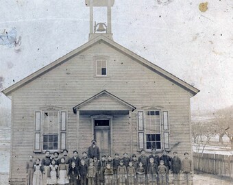 vintage photo 1890 Early American School House w Bell Teacher FAce Scratched Out Cabinet Photo