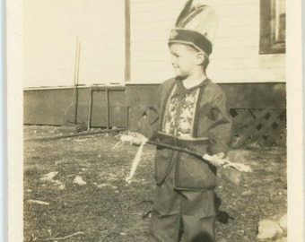 vintage photo 1918 Little Boy American Indian Costume Holding Tomahawk43A