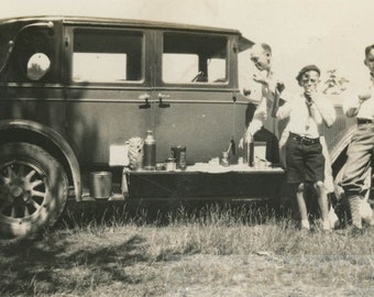 vintage photo 1932 Boys Eating Apples Picnic on Car Runner27 J