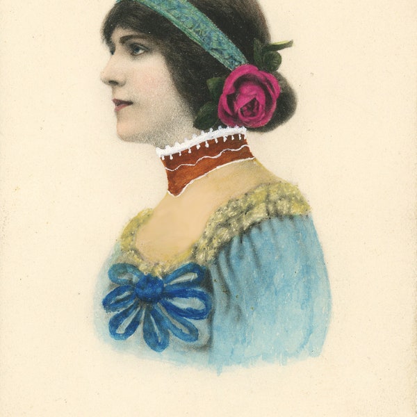 vintage Photo HAnd Painted Unusual Lenora w Rose in HairInstant Download digital download
