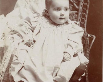1890s Victorian Infant Portrait Intricate Smocked Gown Wicker High Chair70 M