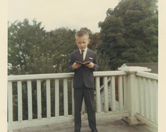 vintage photo 1968 Boy in Suit Holds Prayer Book Bible Lil Preacher Color Snapshot 35 G