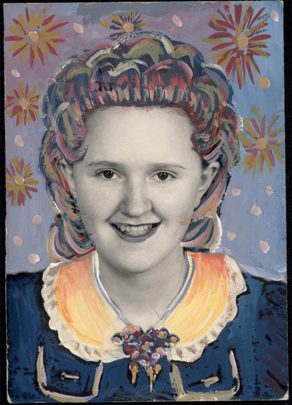 vintage photo original Goauche Mixed Media Altered Photo Young Lady Wild Wig Cosmic Sky