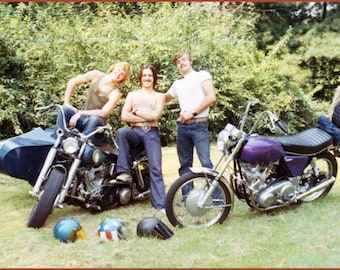 Vintage Photo Greeting Card Born to be Wild Hippie Men and their Motorcycles Norton Harley Peace Symbol Belt