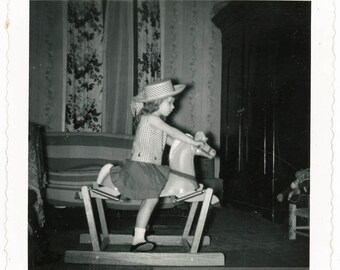 vintage photo 1955 Little Cowgirl Rides Rocking Horse snapshot 28 A