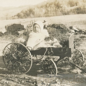 ヴィンテージ写真 1914 装飾されたワゴン 59 T に乗った女の赤ちゃん