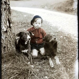 French Beret Boy Hand Knit Sweater w His 2 Best Dogs Tinted Vintage Photo Print image 2