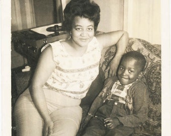 vintage photo '60 African American Mother & Son 45rpm Record Player Polaroid 1 C