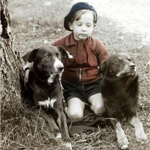 French Beret Boy Hand Knit Sweater w His 2 Best Dogs Tinted Vintage Photo Print image 1