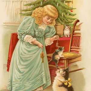 Carte Joyeux Noël victorienne petite fille chat souris arbre de Noël carte joyeux Noël