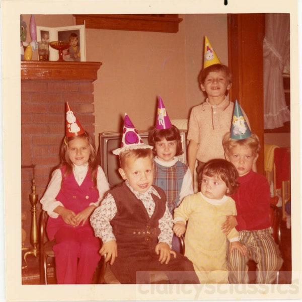 vintage photo 1971 Children Have a Party Wearing Birthday Cone Head Hats color 2 V