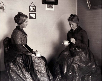 Vintage Photo Victorian Women Drink Tea for Two Photograph Print