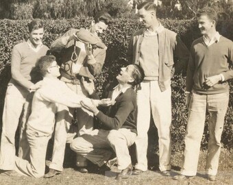 vintage photo 1930 Group Young Men down on His knees Flask Liquor Pour to Mouth Gay int64 V